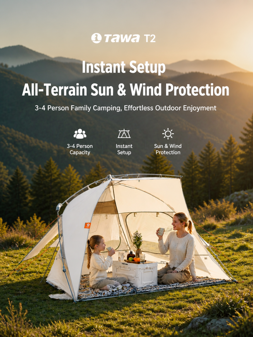 Tawa T2 Sunshade Tent, All-Terrain Instant Pop Up Camping Tent with UPF50+ Silver Coated, Removable Bottom 3-4 Person Portable Sun Shelter for Park Beach Fishing Outdoor Leisure