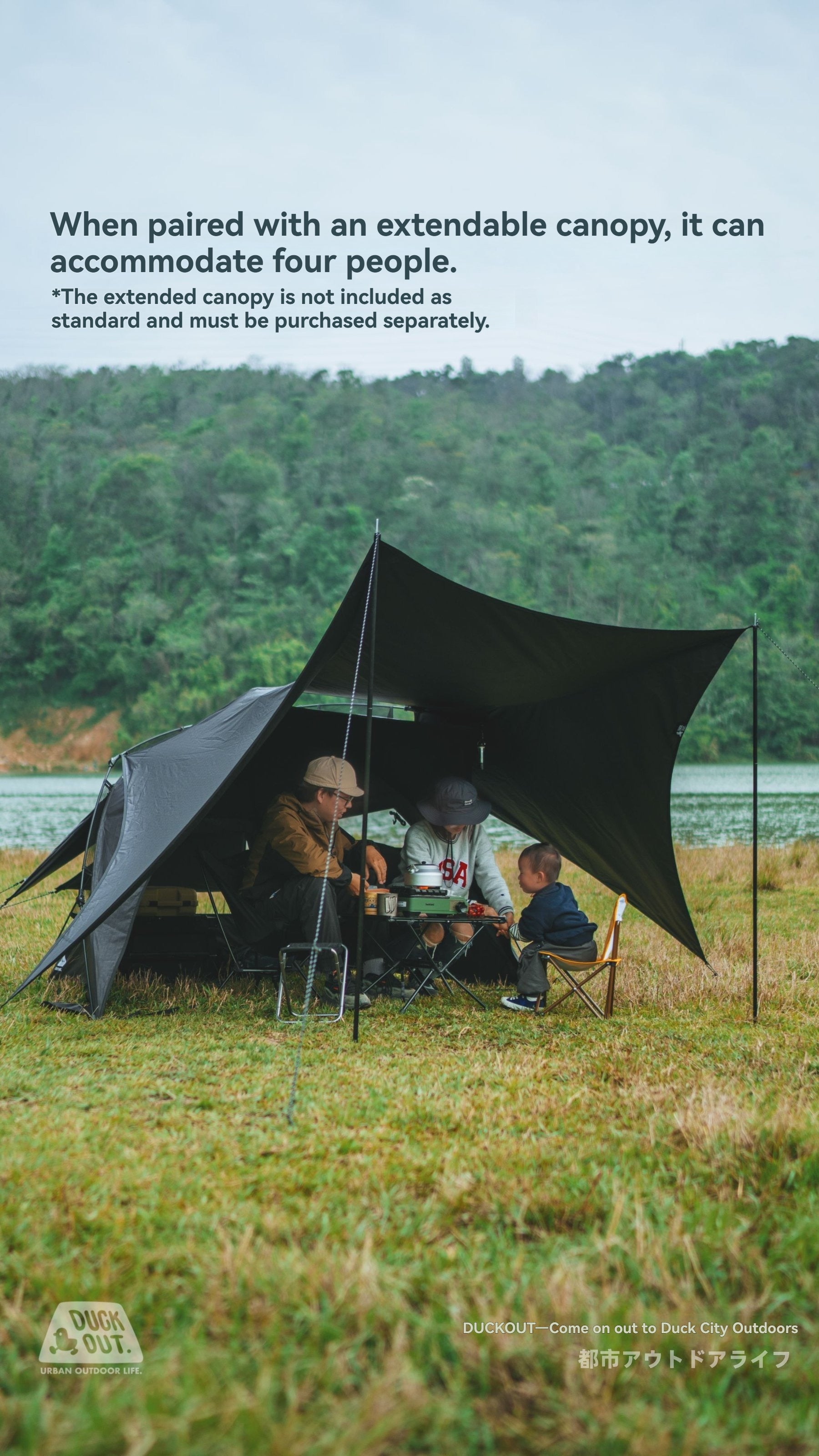 DUCKOUT KYARY 2.0 Instant Pop Up Black Coated Tent 2 Person Quick 30 Second Setup UPF50+ Waterproof PU1500 Sun Shelter with Expandable Awning for Park Picnic Beach Backyard