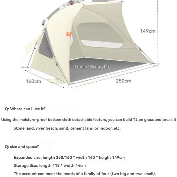 Tawa T2 Sunshade Tent, All-Terrain Instant Pop Up Camping Tent with UPF50+ Silver Coated, Removable Bottom 3-4 Person Portable Sun Shelter for Park Beach Fishing Outdoor Leisure