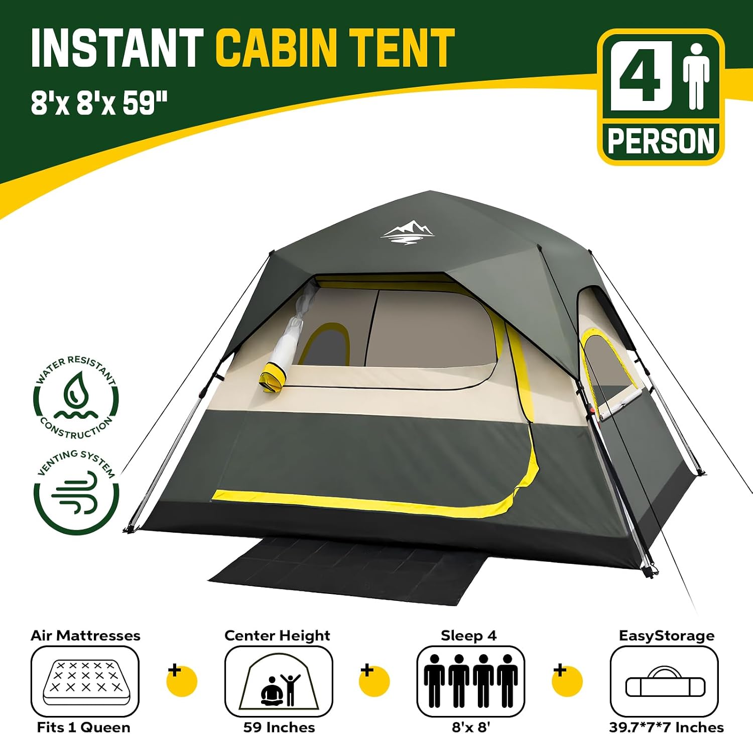 4 Person Instant Tents for Camping Setup in 50s, Cabin Tent with Rainfly