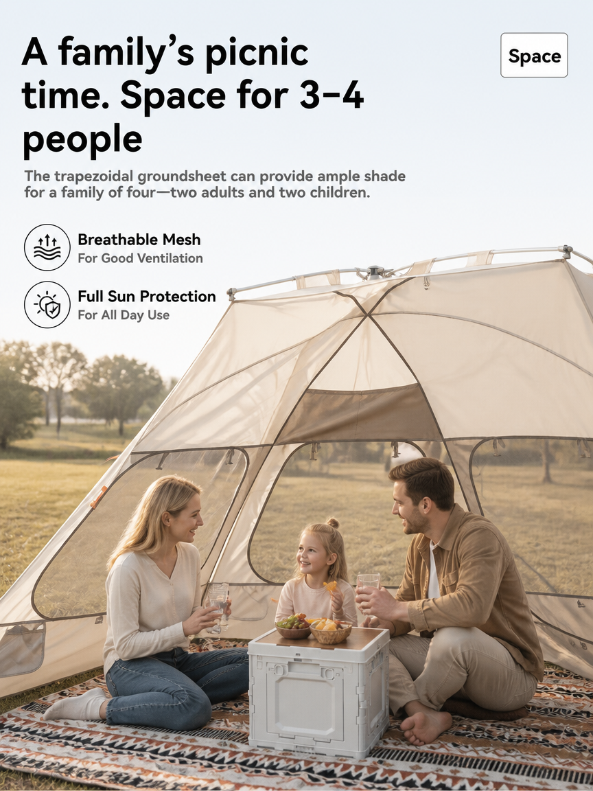 Tawa T2 Sunshade Tent, All-Terrain Instant Pop Up Camping Tent with UPF50+ Silver Coated, Removable Bottom 3-4 Person Portable Sun Shelter for Park Beach Fishing Outdoor Leisure